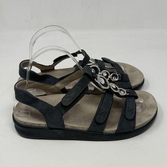 SAS Captiva Sandals Womens 7.5 M Blue Nubuck Leather Bling Ankle Strap Hook Loop - Picture 1 of 15